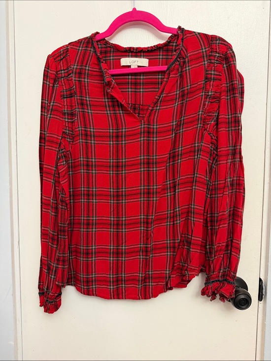 LOFT Tops - LOFT Red and Black Plaid V-Neck Long Sleeve Blouse